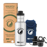 ECOtanka-miniTANKA-600ml-Edelstahl-Trinkflasche-silber-mit-Sport-Verschluss-2-teilig-mit-Staubkäppchen-Poly-Loop-Verschluss-mit-Karabinerhaken-Reduzier-Verschluss-mit-2cm-Trinköffnung-und-Verschlusskäppchen-schwarz-PP5-Polypropylen-und-ECOtanka-KOOLER-Schutzhülle-aus-Neopren-in-Blau-mit-Trageriemen