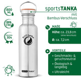 ECOtanka-sportsTANKA-800ml-Edelstahl-Trinkflasche-silber-mit-Edelstahl-Fachverschluss-mit-Bambusplättchen-aus-nachhaltigem-Anbau-und-Tragegriff
