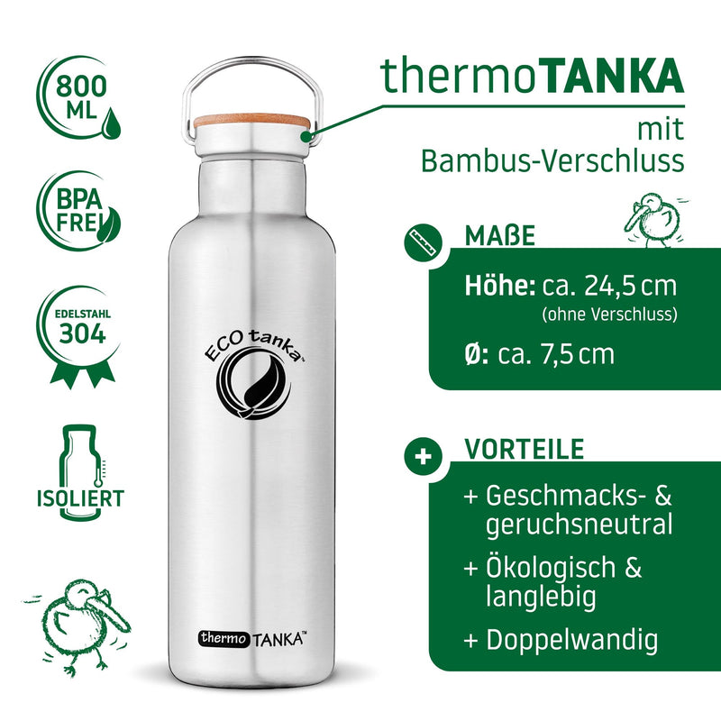 ECOtanka-thermoTANKA-800ml-isolierende-doppelwandige-Edelstahl-Thermo-Trinkflasche-silber-mit-Edelstahl-Fachverschluss-mit-Bambusplättchen-aus-nachhaltigem-Anbau-und-Tragegriff