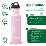 ECOtanka-flowTANKA-800ml-limitierte-Sonderedition-Edelstahl-Trinkflasche-rosa-mit-handgezeichneter-Pusteblume-und-Poly-Loop-Verschluss-schwarz-PP5-Polypropylen-mit-Karabinerhaken