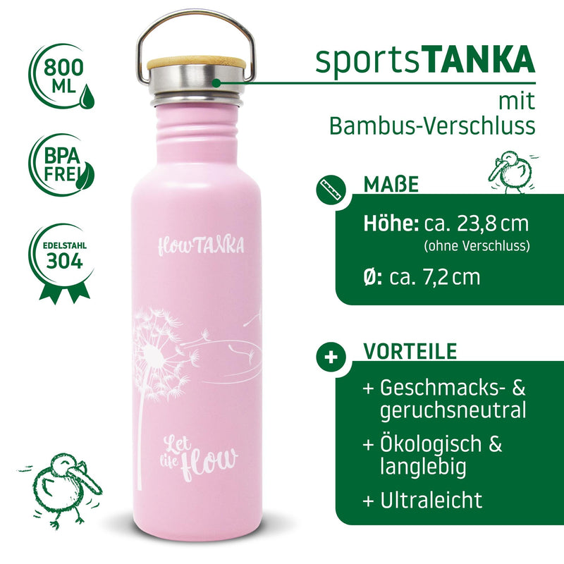 ECOtanka-flowTANKA-800ml-limitierte-Sonderedition-Edelstahl-Trinkflasche-rosa-mit-handgezeichneter-Pusteblume-und-Edelstahl-Fachverschluss-mit-Bambusplättchen-aus-nachhaltigem-Anbau-und-Tragegriff