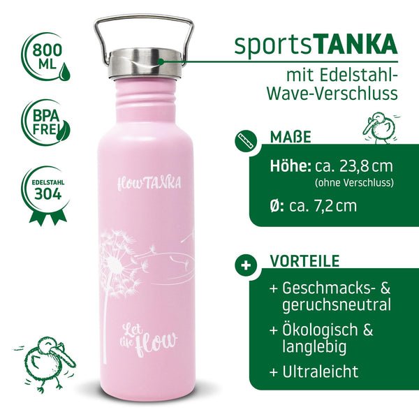 ECOtanka-flowTANKA-800ml-limitierte-Sonderedition-Edelstahl-Trinkflasche-rosa-mit-handgezeichneter-Pusteblume-und-Wave-Edelstahl-Flachverschluss-mit-Tragegriff