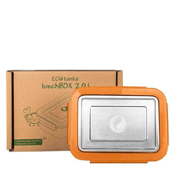 ECOtanka-lunchBOX-2000ml-Edelstahl-Brotdose-silber-mit-Verschlussrahmen-Orange-und-Dichtung