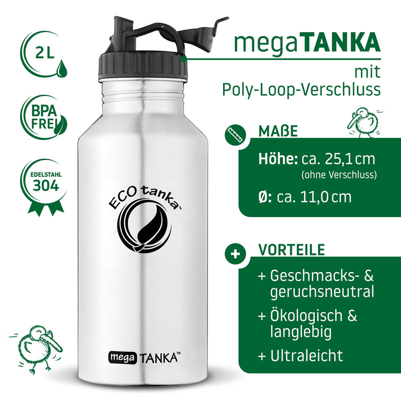 ECOtanka-megaTANKA-2000ml-Edelstahl-Trinkflasche-silber-mit-Poly-Loop-Verschluss-schwarz-PP5-Polypropylen