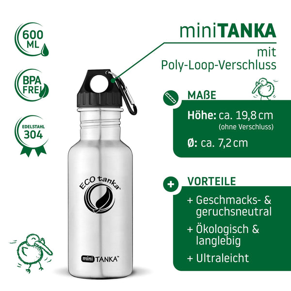 ECOtanka-miniTANKA-600ml-Edelstahl-Trinkflasche-silber-mit-Poly-Loop-Verschluss-schwarz-PP5-Polypropylen-mit-Karabinerhaken