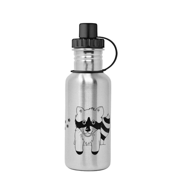 ECOtanka-miniTANKA-600ml-limitierte-Racoon-Sonderedition-Edelstahl-Trinkflasche-silber-mit-gelasertem-Waschbärmotiv-und-Sport-Verschluss-2-teilig-mit-Staubkäppchen-schwarz-PP5-Polypropylen