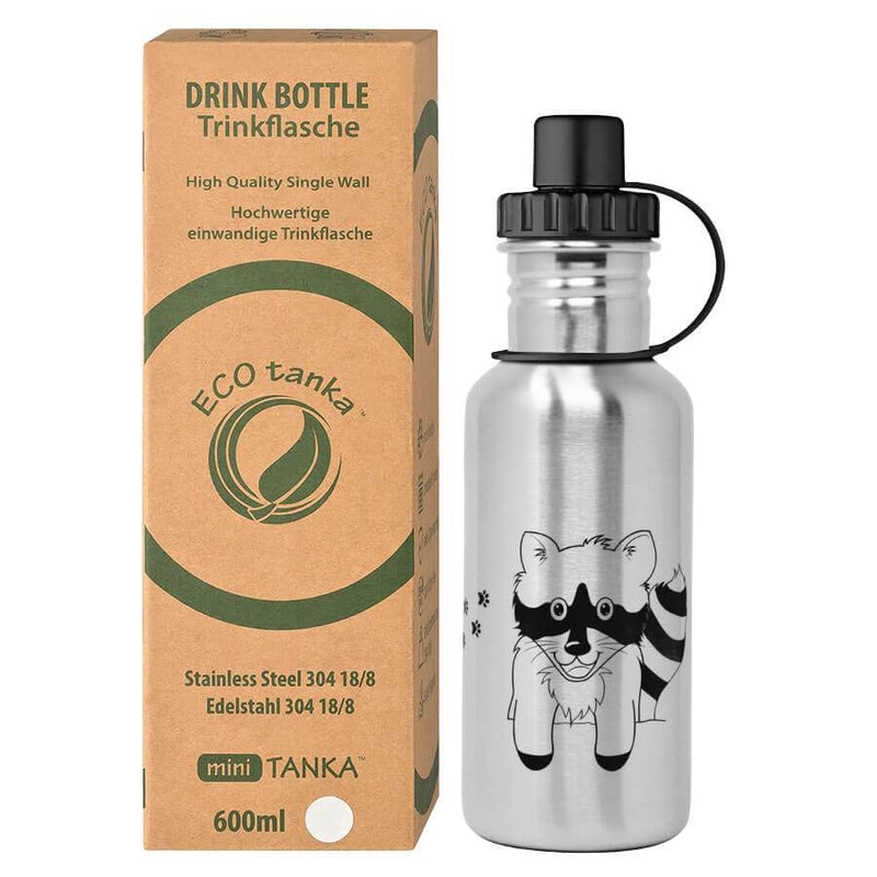 ECOtanka-miniTANKA-600ml-limitierte-Racoon-Sonderedition-Edelstahl-Trinkflasche-silber-mit-gelasertem-Waschbärmotiv-und-Sport-Verschluss-2-teilig-mit-Staubkäppchen-schwarz-PP5-Polypropylen