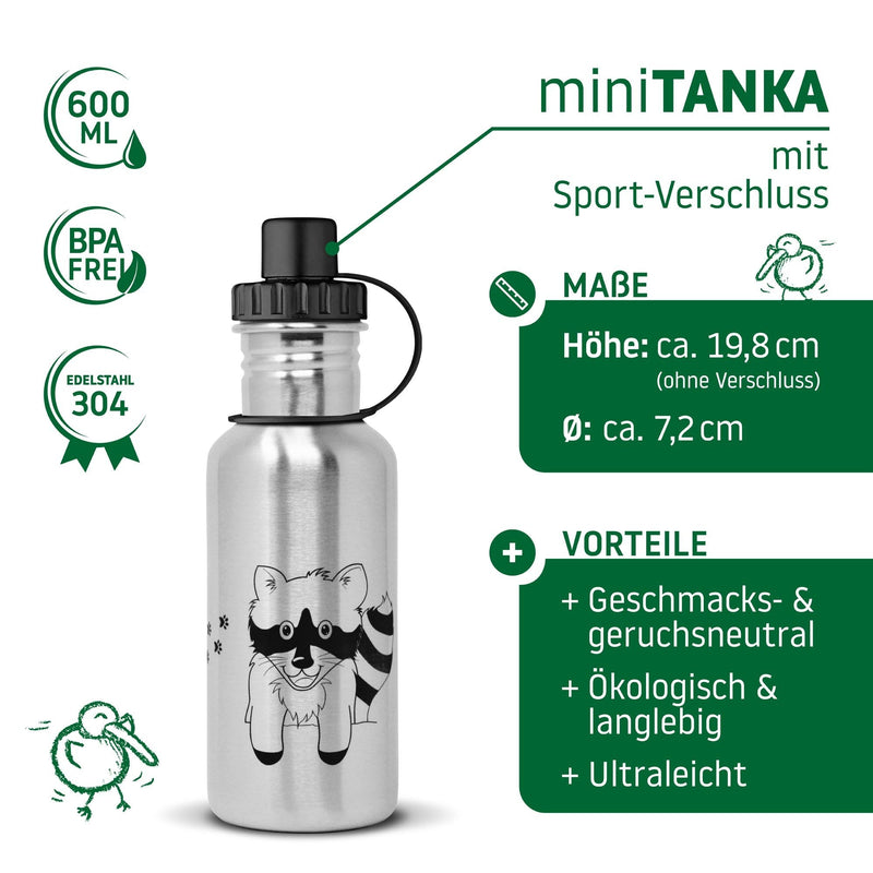 ECOtanka-miniTANKA-600ml-limitierte-Racoon-Sonderedition-Edelstahl-Trinkflasche-silber-mit-gelasertem-Waschbärmotiv-und-Sport-Verschluss-2-teilig-mit-Staubkäppchen-schwarz-PP5-Polypropylen