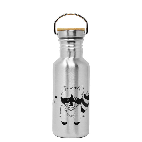 ECOtanka-miniTANKA-600ml-limitierte-Racoon-Sonderedition-Edelstahl-Trinkflasche-silber-mit-gelasertem-Waschbärmotiv-und-Edelstahl-Fachverschluss-mit-Bambusplättchen-aus-nachhaltigem-Anbau-und-Tragegriff