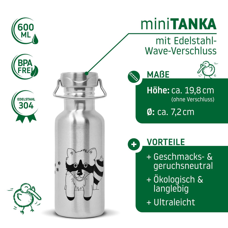 ECOtanka-miniTANKA-600ml-limitierte-Racoon-Sonderedition-Edelstahl-Trinkflasche-silber-mit-gelasertem-Waschbärmotiv-und-Wave-Edelstahl-Flachverschluss-mit-Tragegriff