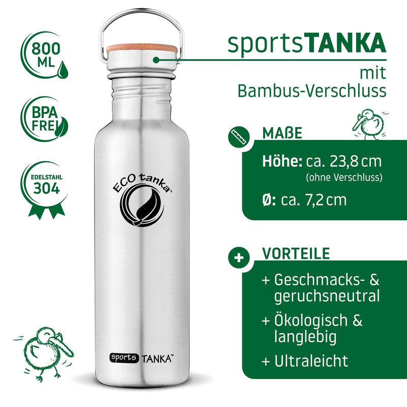 ECOtanka-sportsTANKA-800ml-Edelstahl-Trinkflasche-silber-mit-Edelstahl-Fachverschluss-mit-Bambusplättchen-aus-nachhaltigem-Anbau-und-Tragegriff