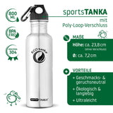 ECOtanka-sportsTANKA-800ml-Edelstahl-Trinkflasche-silber-mit-Poly-Loop-Verschluss-schwarz-PP5-Polypropylen-mit-Karabinerhaken