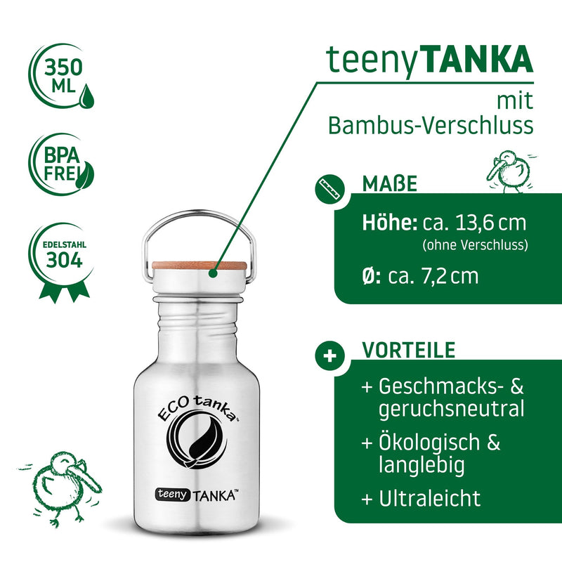 ECOtanka-teenyTANKA-350ml-Edelstahl-Trinkflasche-silber-mit-Edelstahl-Fachverschluss-mit-Bambusplättchen-aus-nachhaltigem-Anbau-und-Tragegriff