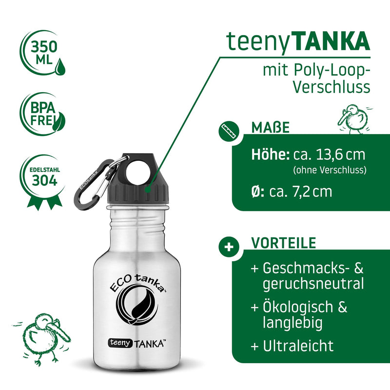 ECOtanka-teenyTANKA-350ml-Edelstahl-Trinkflasche-silber-mit-Poly-Loop-Verschluss-schwarz-PP5-Polypropylen-mit-Karabinerhaken