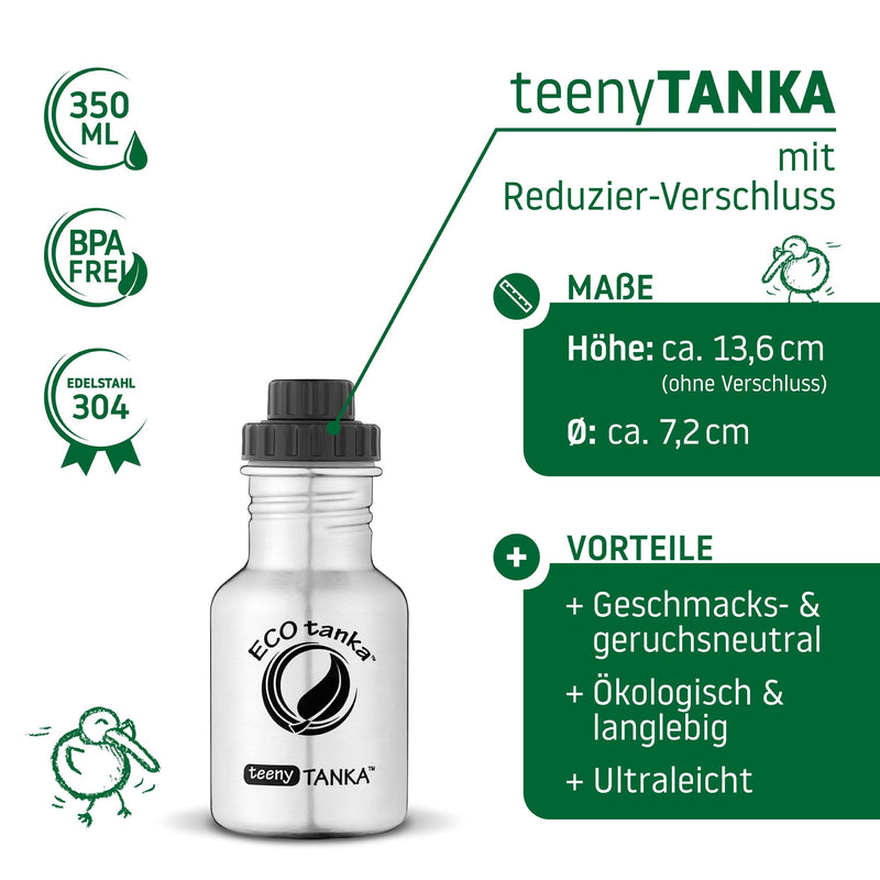 ECOtanka-teenyTANKA-350ml-Edelstahl-Trinkflasche-silber-mit-- Sport-Verschluss-2-teilig-mit-Staubkäppchen-Poly-Loop-Verschluss-mit-Karabinerhaken-Reduzier-Verschluss-mit-2cm-Trinköffnung-und-Verschlusskäppchen-schwarz-PP5-Polypropylen