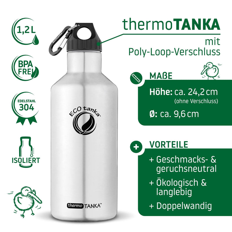 ECOtanka-thermoTANKA-1200ml-isolierende-doppelwandige-Edelstahl-Thermo-Trinkflasche-silber-mit-Poly-Loop-Verschluss-schwarz-PP5-Polypropylen-mit-Karabinerhaken