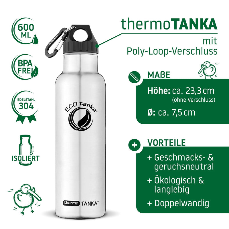 ECOtanka-thermoTANKA-600ml-isolierende-doppelwandige-Edelstahl-Thermo-Trinkflasche-silber-mit-Poly-Loop-Verschluss-schwarz-PP5-Polypropylen-mit-Karabinerhaken