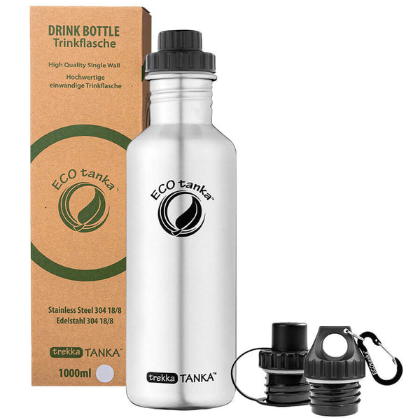 ECOtanka-trekkaTANKA-1000ml-Edelstahl-Trinkflasche-silber-mit-Sport-Verschluss-2-teilig-mit-Staubkäppchen-Poly-Loop-Verschluss-mit-Karabinerhaken-Reduzier-Verschluss-mit-2cm-Trinköffnung-und-Verschlusskäppchen-schwarz-PP5-Polypropylen