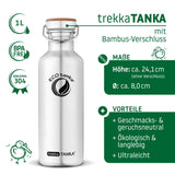 ECOtanka-trekkaTANKA-1000ml-Edelstahl-Trinkflasche-silber-mit-Edelstahl-Fachverschluss-mit-Bambusplättchen-aus-nachhaltigem-Anbau-und-Tragegriff