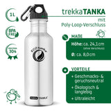 ECOtanka-trekkaTANKA-1000ml-Edelstahl-Trinkflasche-silber-mit-Poly-Loop-Verschluss-schwarz-PP5-Polypropylen-mit-Karabinerhaken