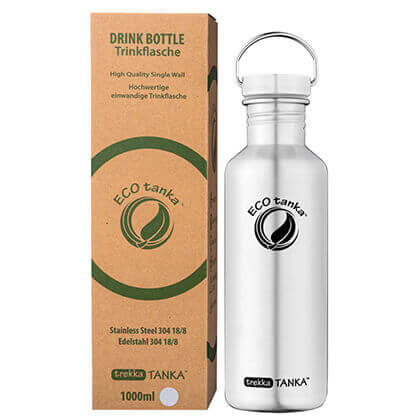 trekkaTANKA Trinkflasche aus Edelstahl 1,0l mit Edelstahlverschluss mit Tragebügel und Verpackung