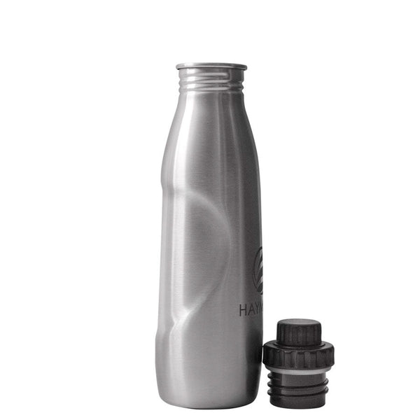Haymdall-Edition-800ml-limitierte-Edition-Edelstahl-Trinkflasche-silber-mit-schwarzem-Reduzierverschluss-aus-PP5-neben-der-Flasche