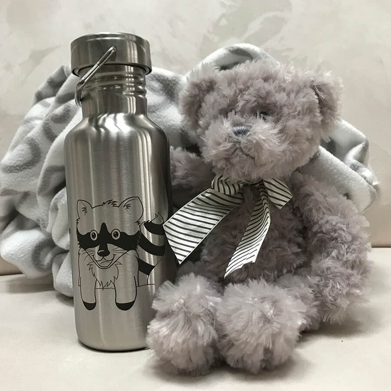 ECOtanka-miniTANKA-600ml-limitierte-Racoon-Sonderedition-Edelstahl-Trinkflasche-silber-mit-gelasertem-Waschbärmotiv-und-Wave-Edelstahl-Flachverschluss-mit-Tragegriff