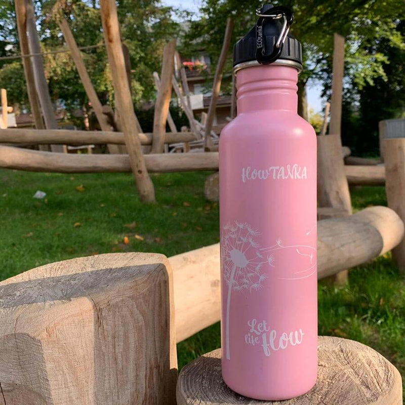 ECOtanka-flowTANKA-800ml-limitierte-Sonderedition-Edelstahl-Trinkflasche-rosa-mit-handgezeichneter-Pusteblume-und-Poly-Loop-Verschluss-schwarz-PP5-Polypropylen-mit-Karabinerhaken