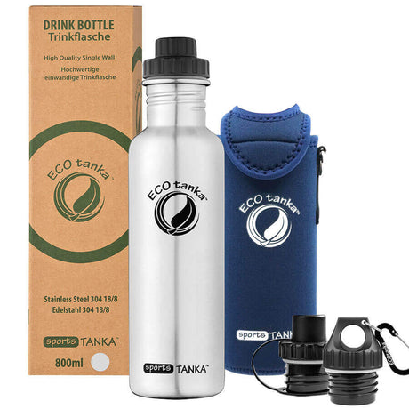 sportsTANKA 800ml Trinkflasche aus Edelstahl mit 3 Verschlüssen Kooler in blau und Verpackung